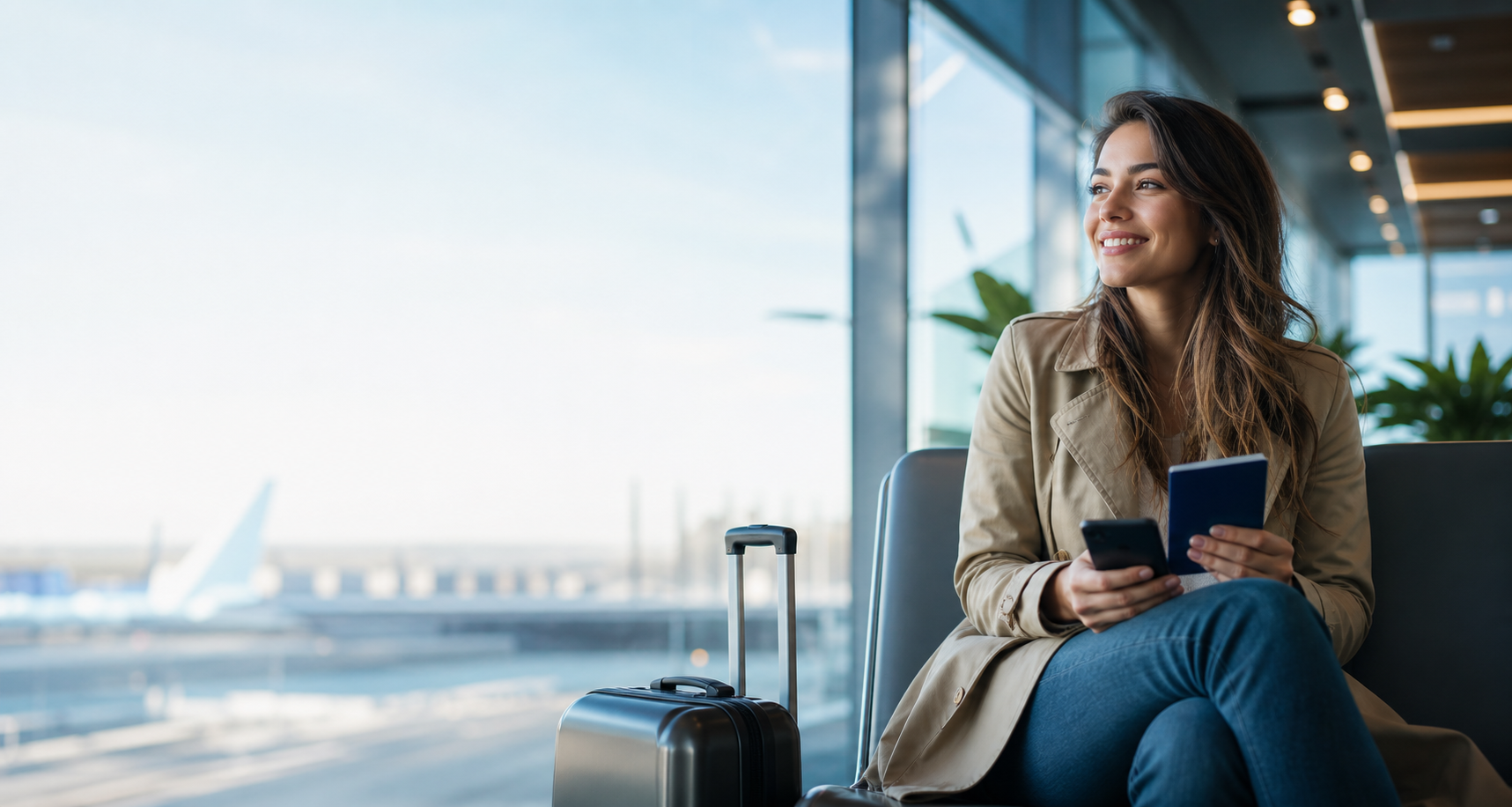 Pessoa viajante em aeroporto com mala, passaporte e celular