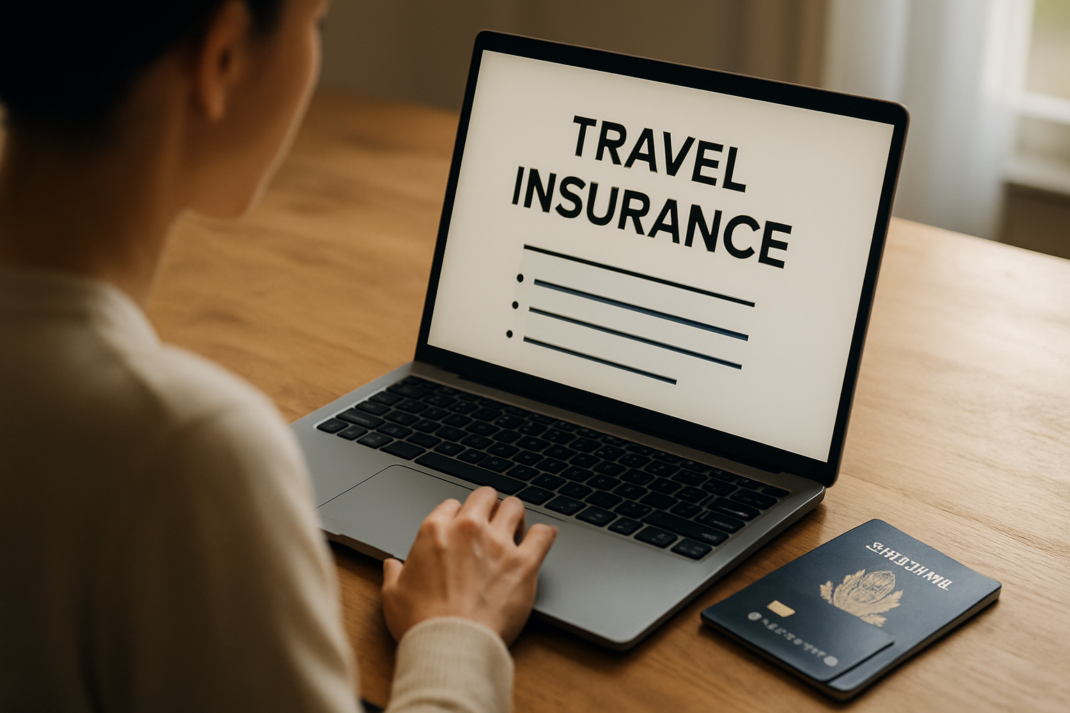 Viajante consultando apólice de seguro em laptop, mesa com passaporte e cartão de crédito