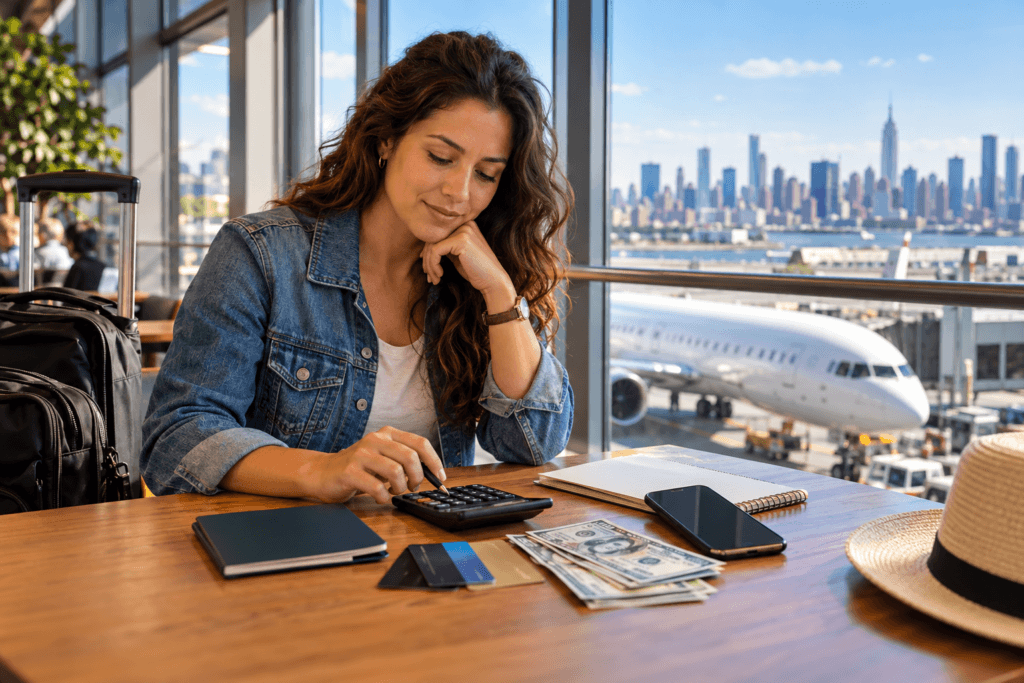 Quanto custa viagem para Estados Unidos em 2027: o orçamento completo 2 Viajante calcula o orçamento da viagem aos Estados Unidos com calculadora, dólares e cartões, com avião e Nova York ao fundo
