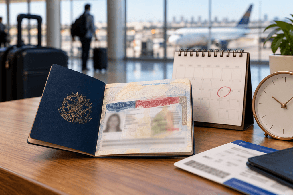 Quanto tempo dura o visto americano e quando renovar 1 Passaporte brasileiro aberto com visto americano, calendário com data marcada, relógio e cartão de embarque em mesa de aeroporto