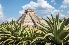 Beautiful pyramid of Chichen Itza UNESCO heritage. Yucatan, Mexico Winged photo of plants